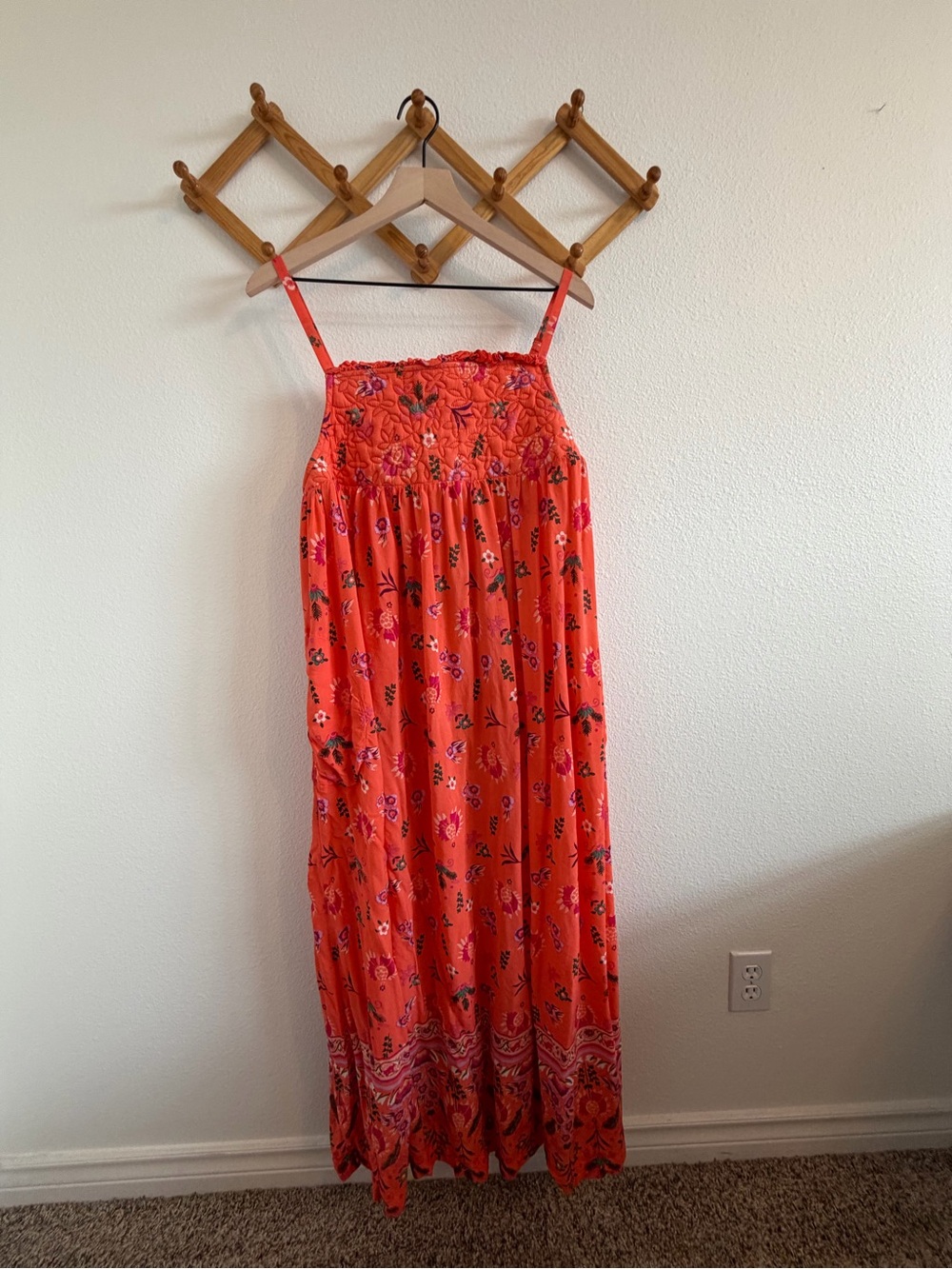 Anthropologie 1X Quilted Floral Maxi Dress Orange Boho